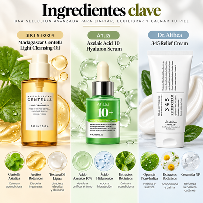 Kit Rutina Coreana K-Beauty Perfeccionadora y Calmante, SKIN1004 Aceite Limpiador 120 ml + Anua Sérum Ácido Azelaico 10% 30 ml + Dr. Althea 345 Relief Cream 30 ml