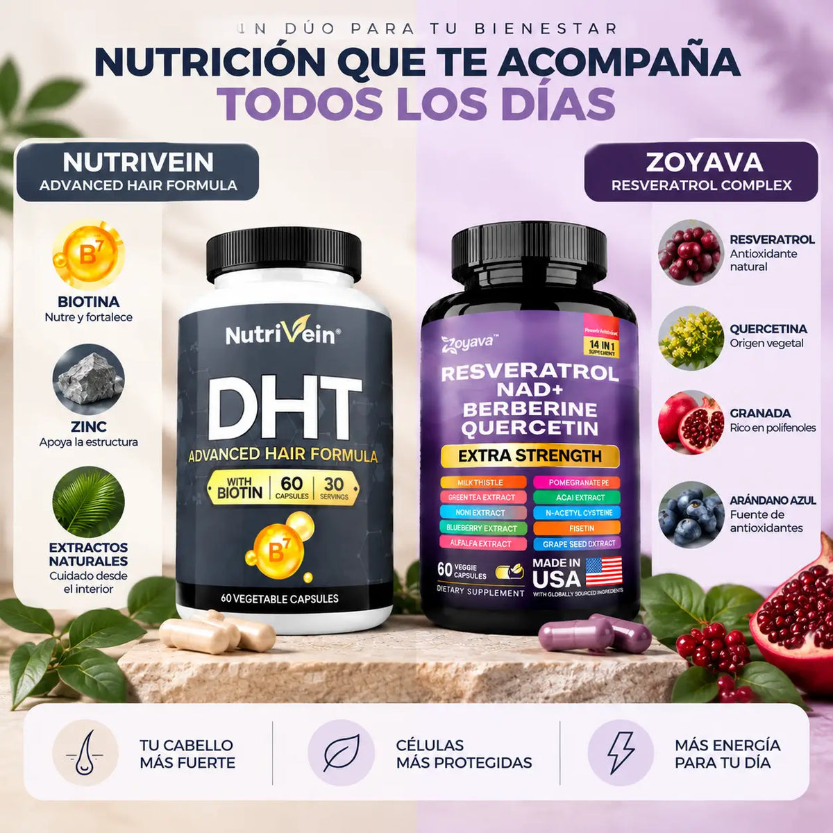 Zivanne, Kit Vitalidad Capilar y Longevidad Celular, Nutrivein Hair Formula + Zoyava Resveratrol Complex, Set de 2 Piezas