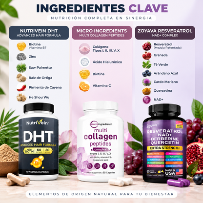 Zivanne, Kit Triplo Anti-Edad Capilar y Longevidad Celular, Micro Ingredients Multi Collagen + Nutrivein Hair Formula + Zoyava Resveratrol, Set de 3 Piezas