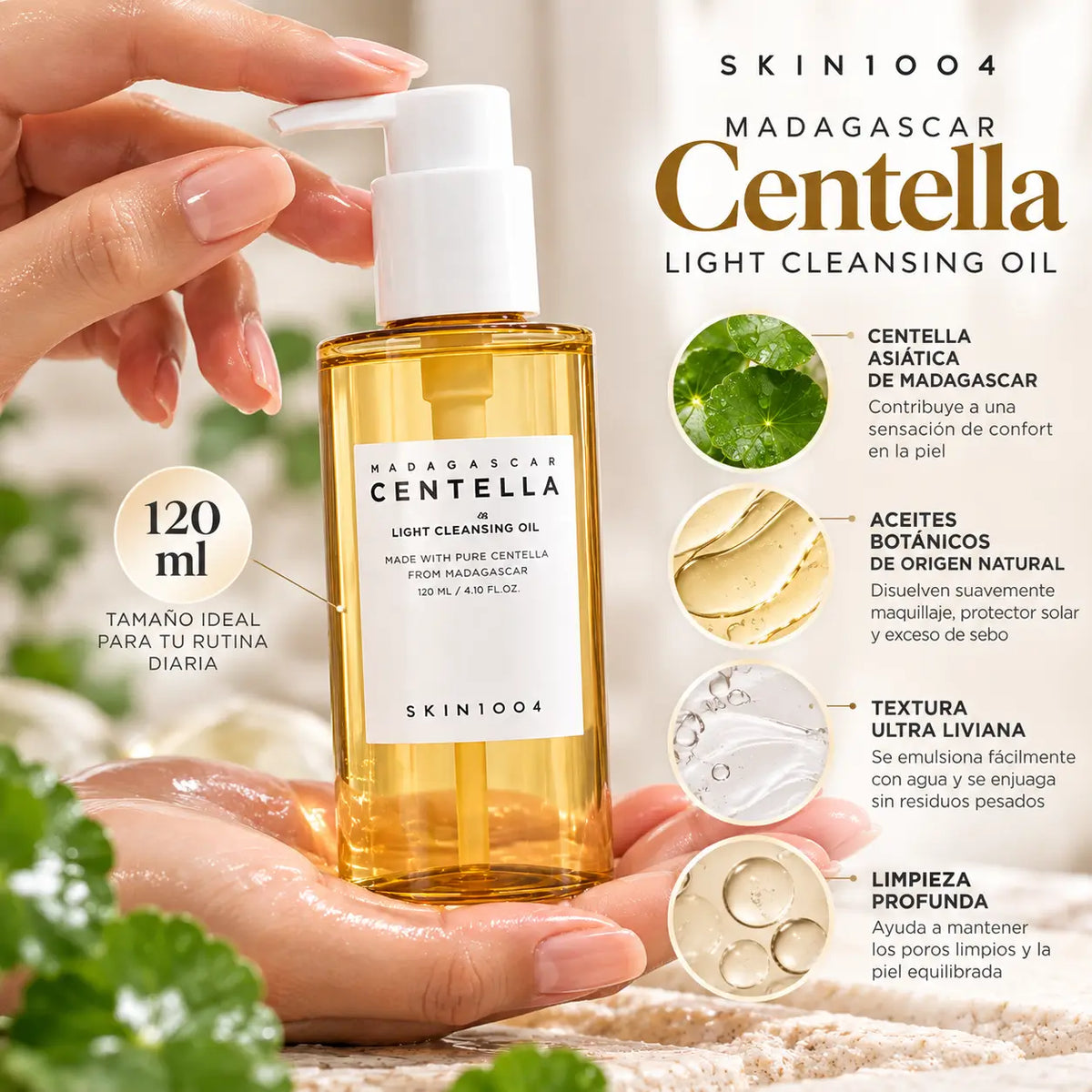 SKIN1004, Madagascar Centella Light Cleansing Oil, Aceite Limpiador Facial Desmaquillante y Purificante K-Beauty, 120 ml