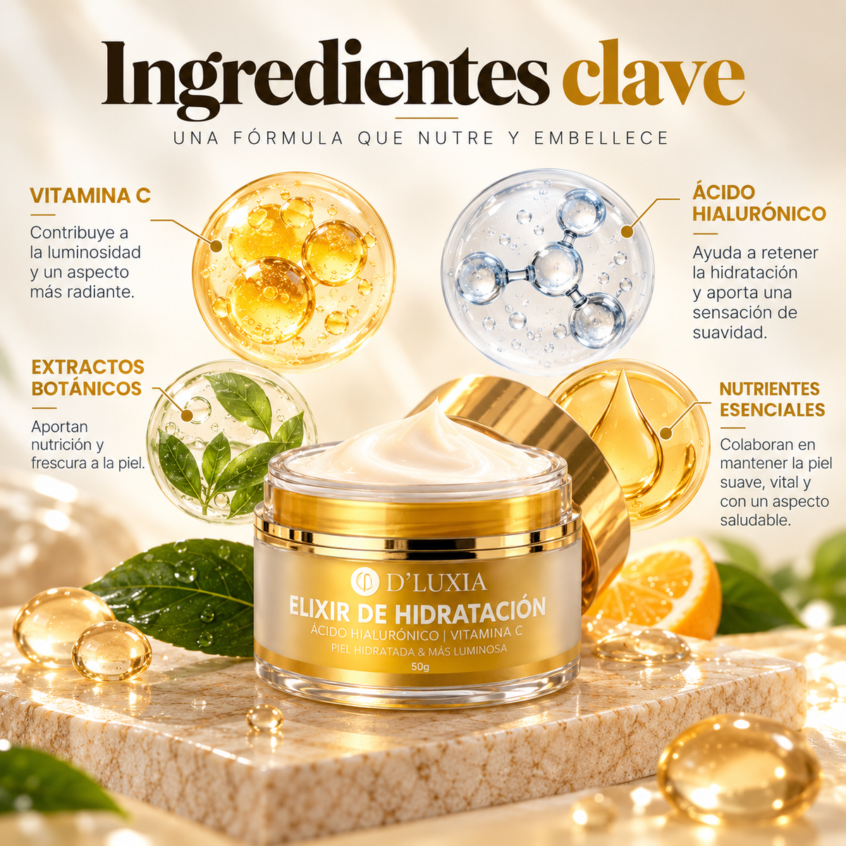 D'LUXIA, Elixir de Hidratación Facial con Ácido Hialurónico y Vitamina C, Piel Luminosa y Radiante, 50 g