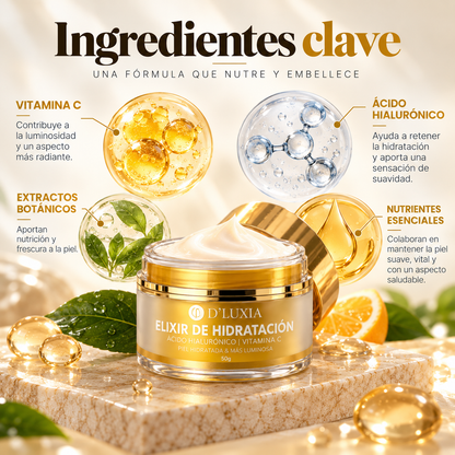 D'LUXIA, Elixir de Hidratación Facial con Ácido Hialurónico y Vitamina C, Piel Luminosa y Radiante, 50 g