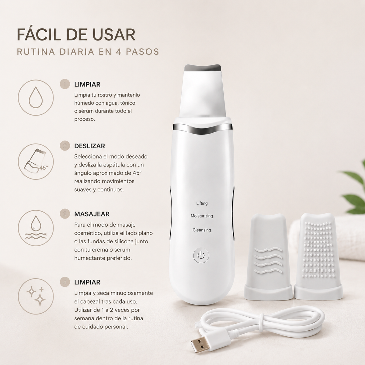 Zivanne, Espátula Facial Ultrasónica Portátil, Dispositivo Cosmético de Higiene y Masaje, 1 Unidad