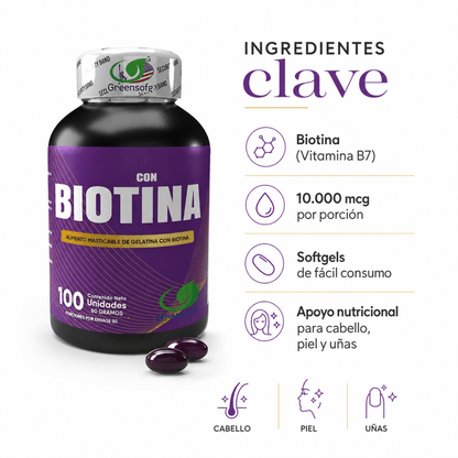 Biotina 10.000 mcg Greensofg (100 Cápsulas Blandas) - Zivanne