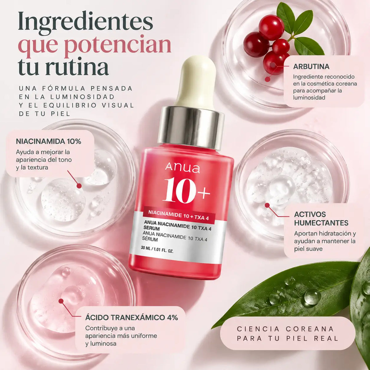 Anua, Niacinamide 10% + TXA 4% Serum, Sérum Facial Unificador e Iluminador, 30 ml
