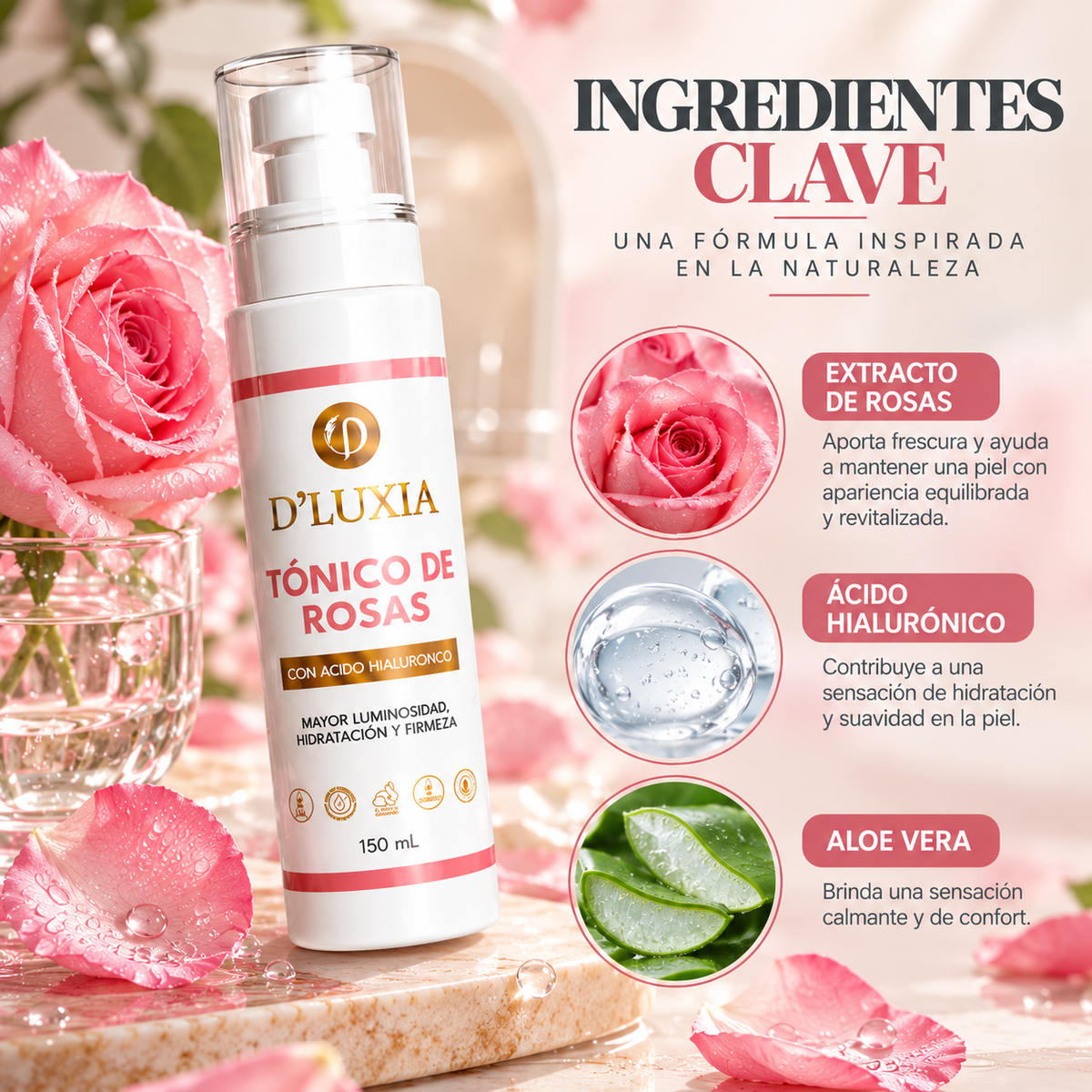 D'LUXIA, Tónico de Rosas Facial, Equilibrio, Frescura y Revitalización, 150 ml