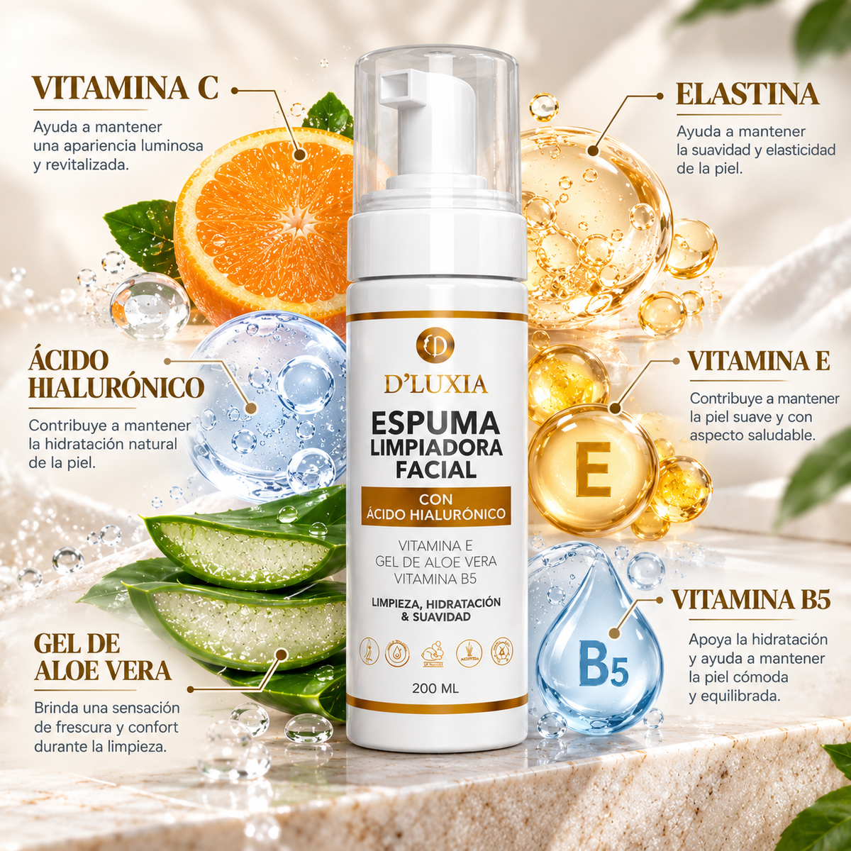 D'LUXIA, Espuma Limpiadora Facial con Vitamina C, Ácido Hialurónico y Elastina, Limpieza Profunda y Suave, 200 ml
