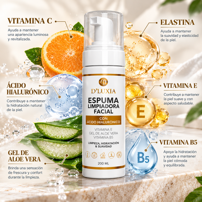 D'LUXIA, Espuma Limpiadora Facial con Vitamina C, Ácido Hialurónico y Elastina, Limpieza Profunda y Suave, 200 ml