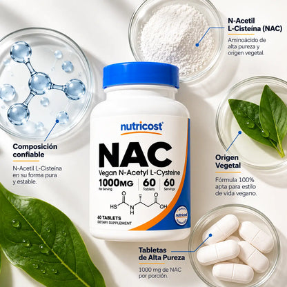 Nutricost, Vegan NAC N-Acetyl L-Cysteine 1000 mg, Suplemento Alimenticio Antioxidante, 60 Tabletas