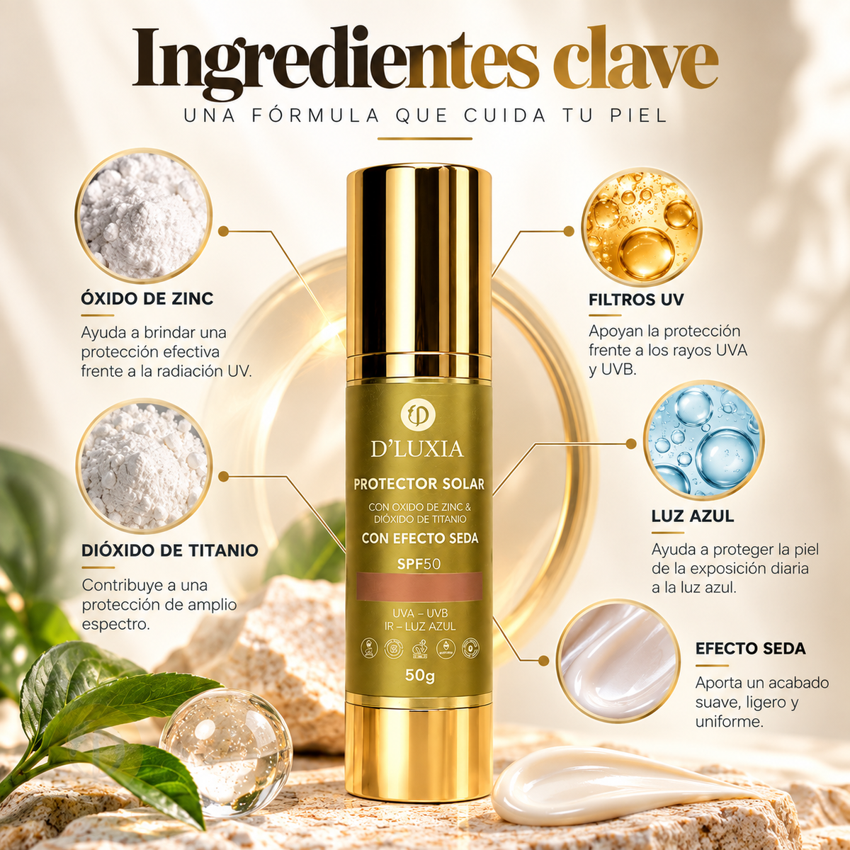 D'LUXIA, Protector Solar Facial con Efecto Seco, Alta Protección UV y Anti-Edad, 50 g