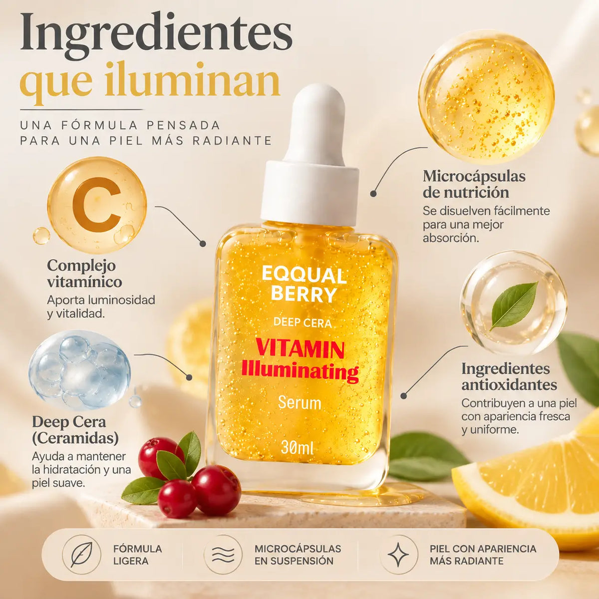 EQQUALBERRY, Deep Cera Vitamin Illuminating Serum, Sérum Facial Iluminador, 30 ml