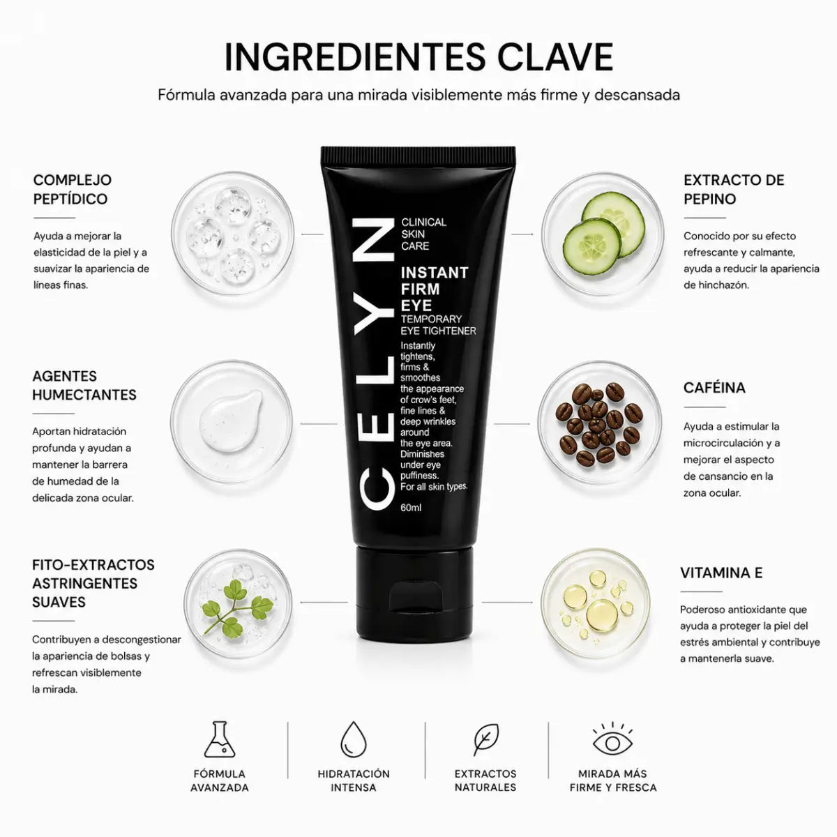 Tubo de crema tensora para contorno de ojos CELYN Instant Firming Eye Cream 60ml Zivanne
