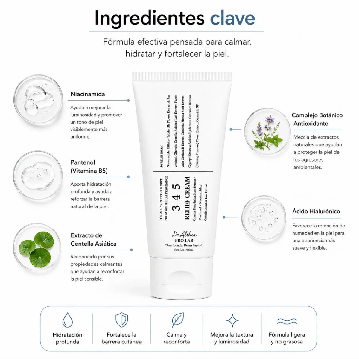 Tubo de crema hidratante facial Dr Althea 345 Relief Cream 50ml con pantenol y centella asiática Zivanne