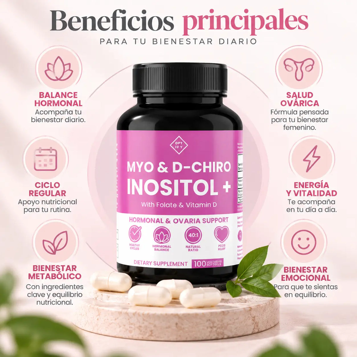 Optify, Myo & D-Chiro Inositol Plus, Suplemento Alimenticio para el Balance Hormonal y Salud Ovárica, 120 Cápsulas