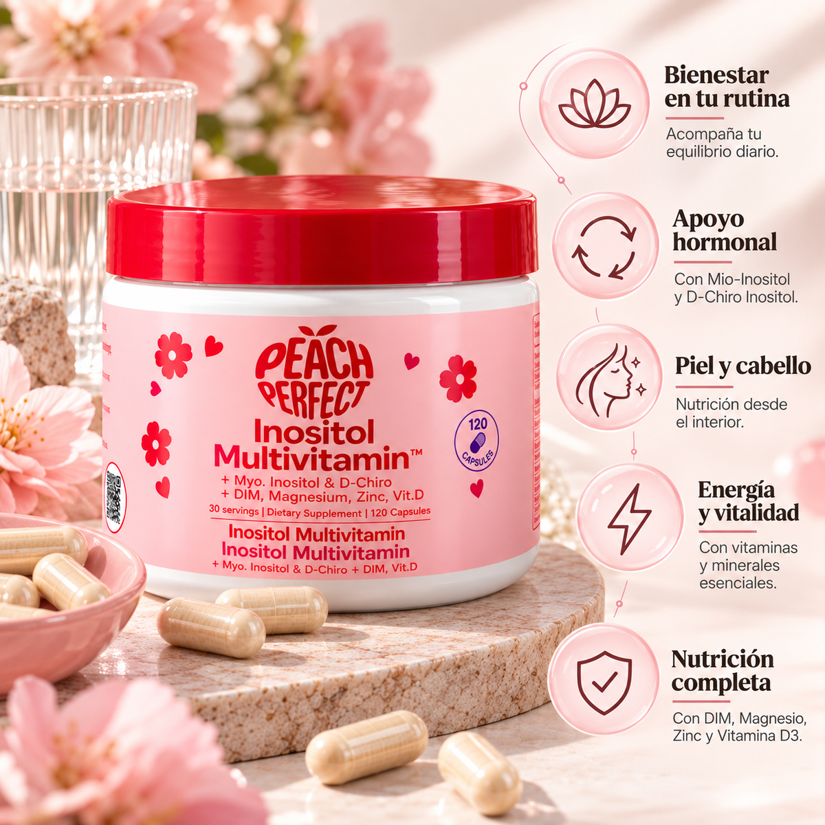 Peach Perfect, Inositol Multivitamin Complex, Suplemento Alimenticio Hormonal, 120 Cápsulas