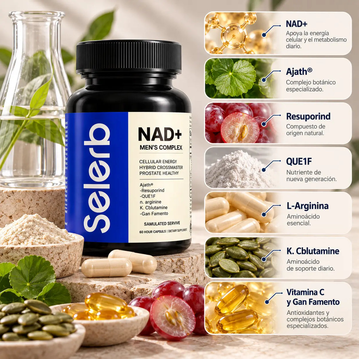 Selerb, NAD+ Men's Complex, Suplemento Alimenticio de Energía Celular y Salud Masculina, 60 Cápsulas