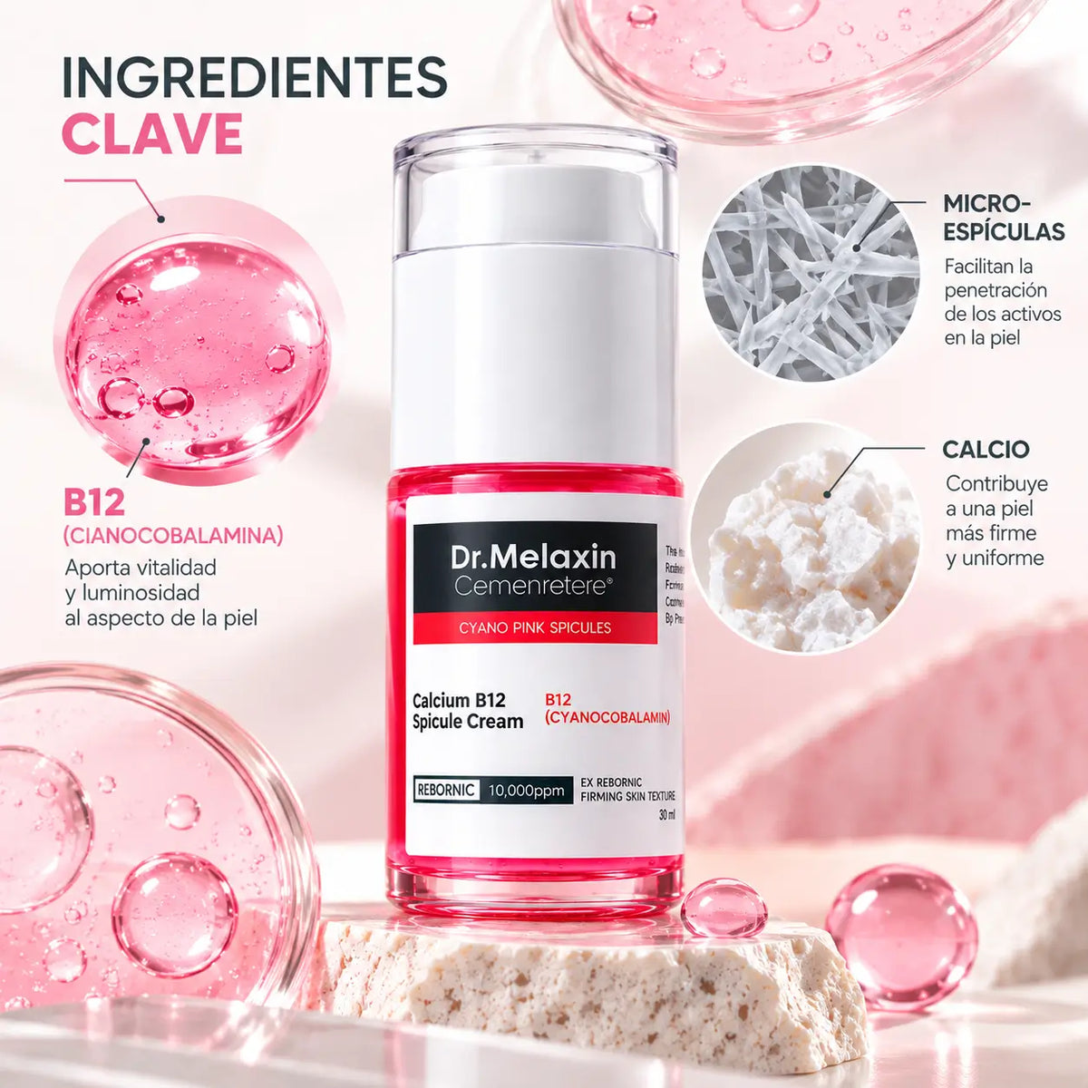 Dr. Melaxin, Cemenrete Calcium B12 Cyano Pink Serum, Tratamiento Facial Perfeccionador de Poros y Textura, 30 ml