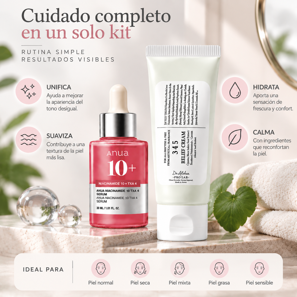 Zivanne, Kit Tono Uniforme y Barrera Calmante, Anua Niacinamide 10 TXA 4 Serum 30ml + Dr. Althea 345 Relief Cream 60ml, Set de 2 Piezas