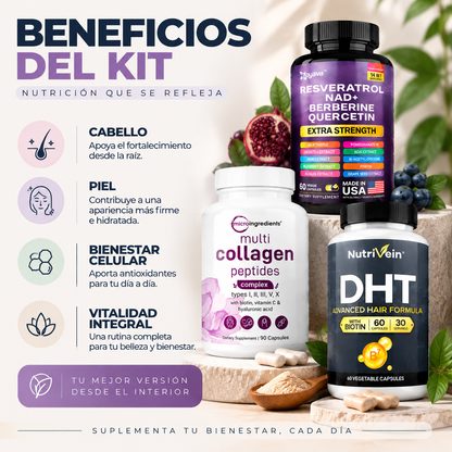 Zivanne, Kit Triplo Anti-Edad Capilar y Longevidad Celular, Micro Ingredients Multi Collagen + Nutrivein Hair Formula + Zoyava Resveratrol, Set de 3 Piezas