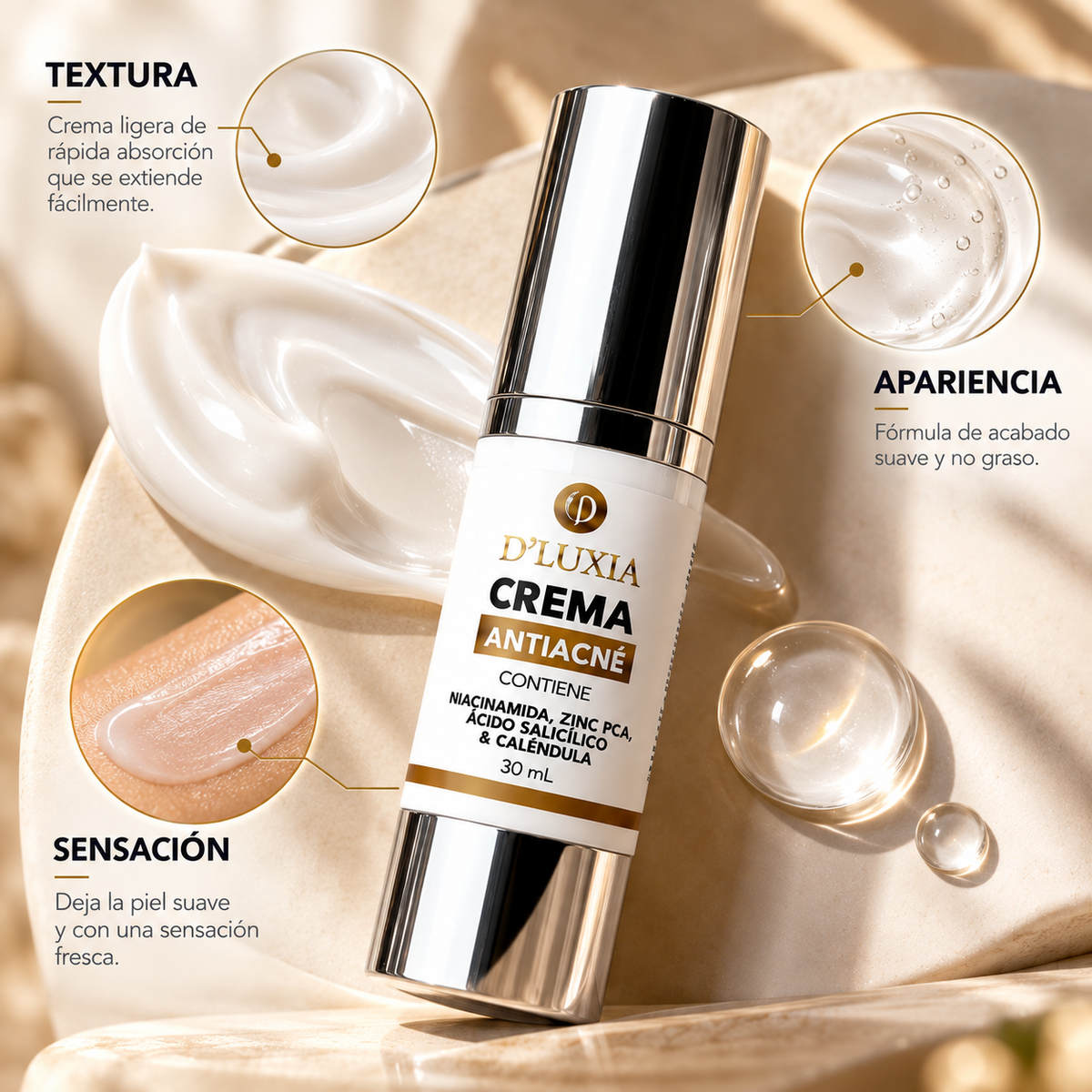 D'LUXIA, Crema Facial Anti-Acné y Control de Sebo, Niacinamida, Zinc PCA y Ácido Salicílico, 30 ml