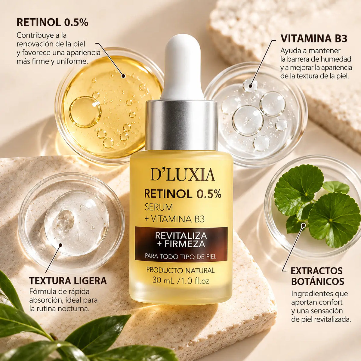 D'LUXIA, Sérum Facial de Retinol 0.5% con Vitamina B3, Renovación y Firmeza, 30 ml