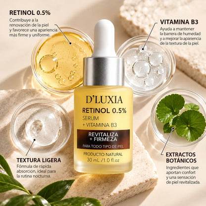 D'LUXIA, Sérum Facial de Retinol 0.5% con Vitamina B3, Renovación y Firmeza, 30 ml