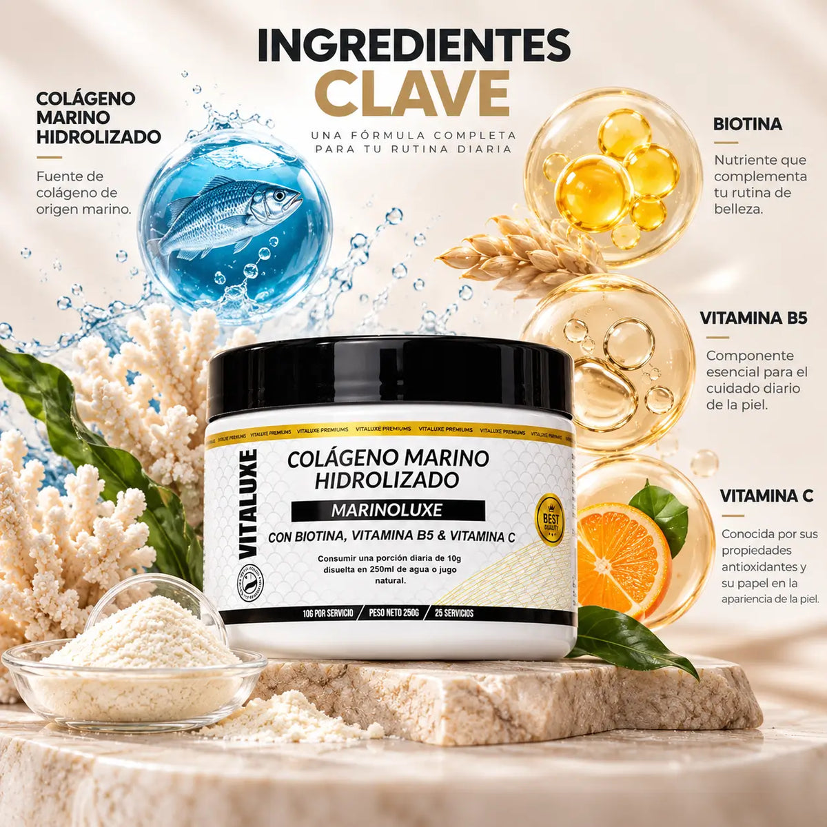 Vitaluxe, Colágeno Marino Hidrolizado Marinoluxe, Suplemento Nutricional con Biotina y Vitaminas, 250 g