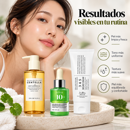 Kit Rutina Coreana K-Beauty Perfeccionadora y Calmante, SKIN1004 Aceite Limpiador 120 ml + Anua Sérum Ácido Azelaico 10% 30 ml + Dr. Althea 345 Relief Cream 30 ml