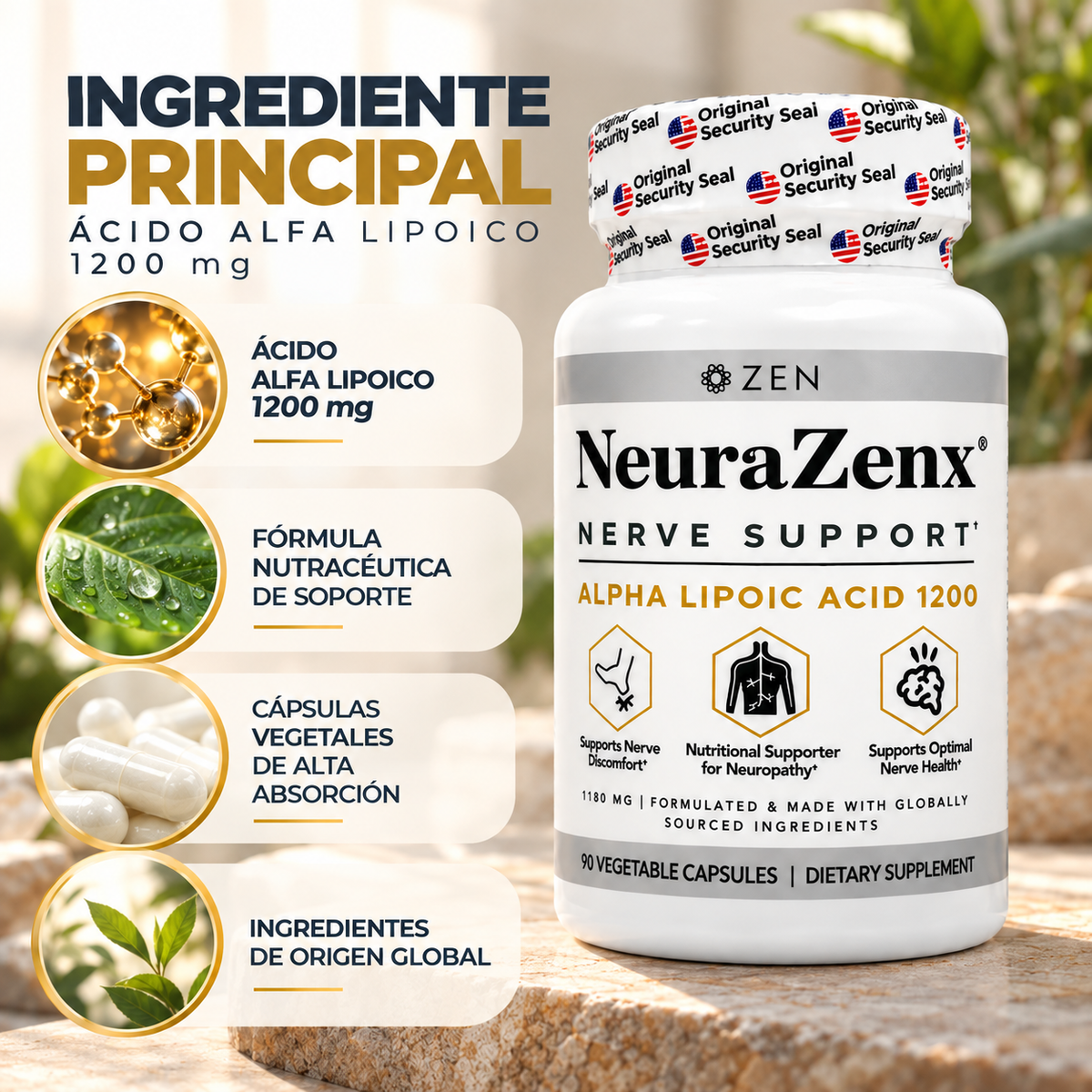 NeuraZenx, Nerve Support Alpha Lipoic Acid 1200, Suplemento Alimenticio de Apoyo Neurológico, 90 Cápsulas Vegetales