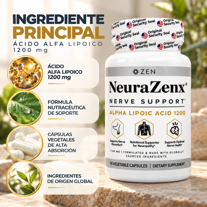 NeuraZenx, Nerve Support Alpha Lipoic Acid 1200, Suplemento Alimenticio de Apoyo Neurológico, 90 Cápsulas Vegetales