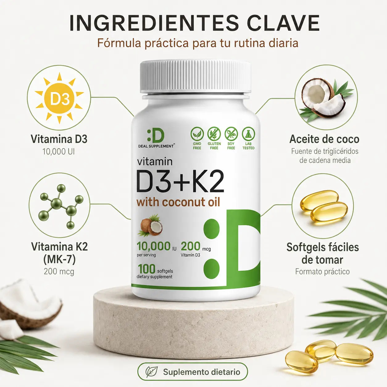 Vitamina D3 + K2 Deal Supplement (100 Softgels)
