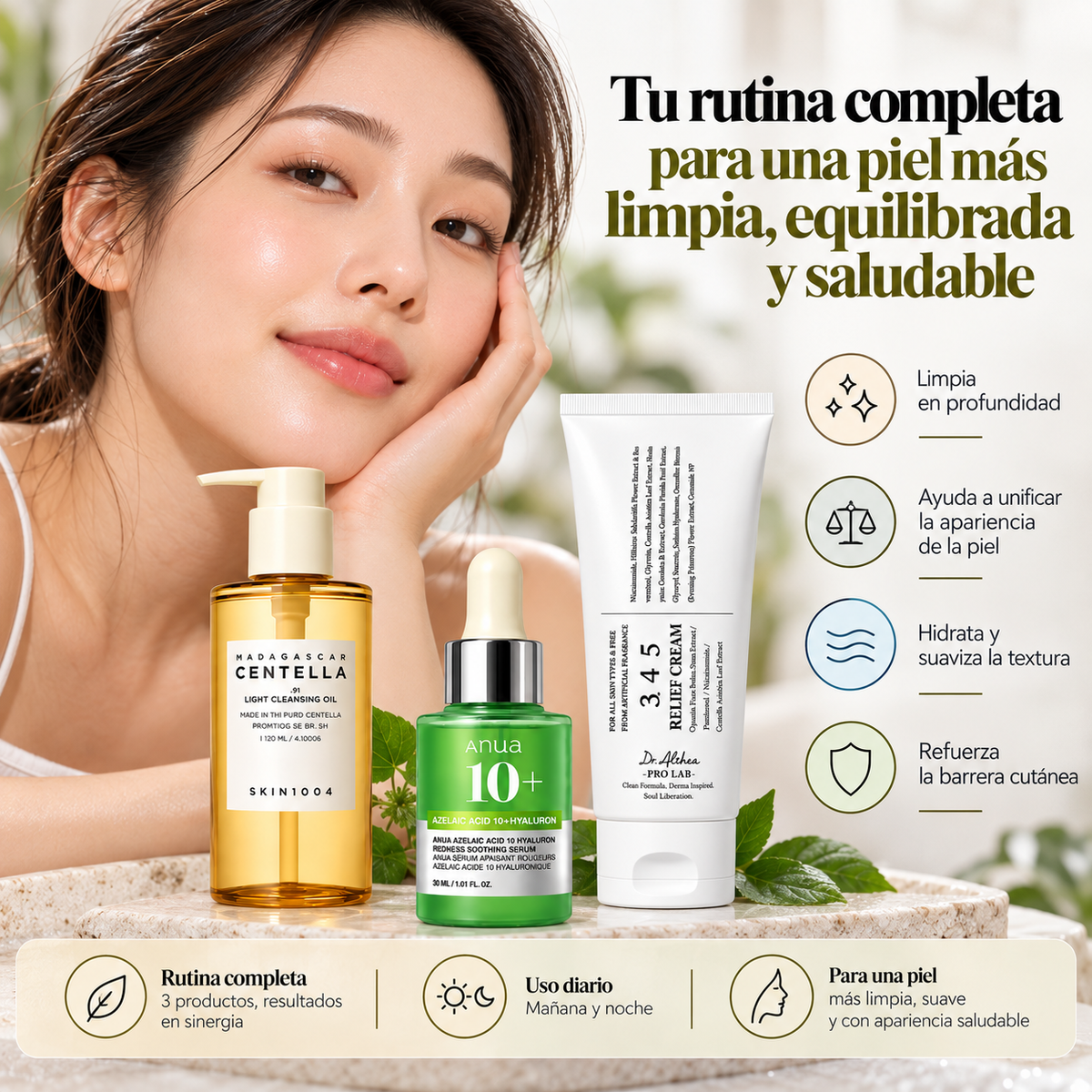 Kit Rutina Coreana K-Beauty Perfeccionadora y Calmante, SKIN1004 Aceite Limpiador 120 ml + Anua Sérum Ácido Azelaico 10% 30 ml + Dr. Althea 345 Relief Cream 30 ml