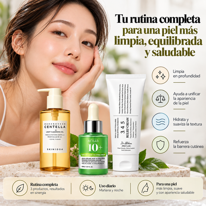 Kit Rutina Coreana K-Beauty Perfeccionadora y Calmante, SKIN1004 Aceite Limpiador 120 ml + Anua Sérum Ácido Azelaico 10% 30 ml + Dr. Althea 345 Relief Cream 30 ml