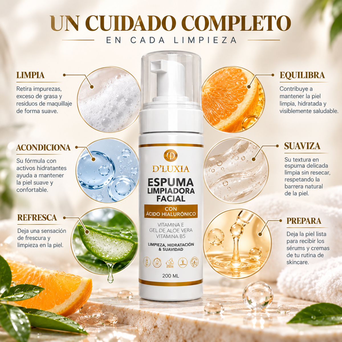 D'LUXIA, Espuma Limpiadora Facial con Vitamina C, Ácido Hialurónico y Elastina, Limpieza Profunda y Suave, 200 ml