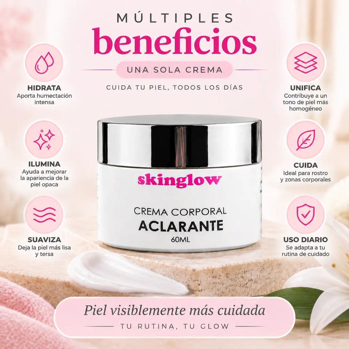 SkinGlow, Crema Facial y Corporal Iluminadora, Unificadora del Tono, 60 ml