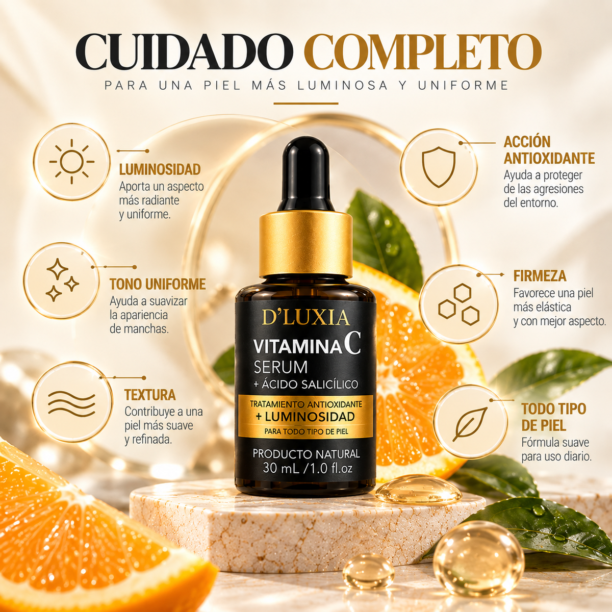 D'LUXIA, Sérum Facial de Vitamina C y Ácido Salicílico, Iluminación y Antioxidante, 30 ml