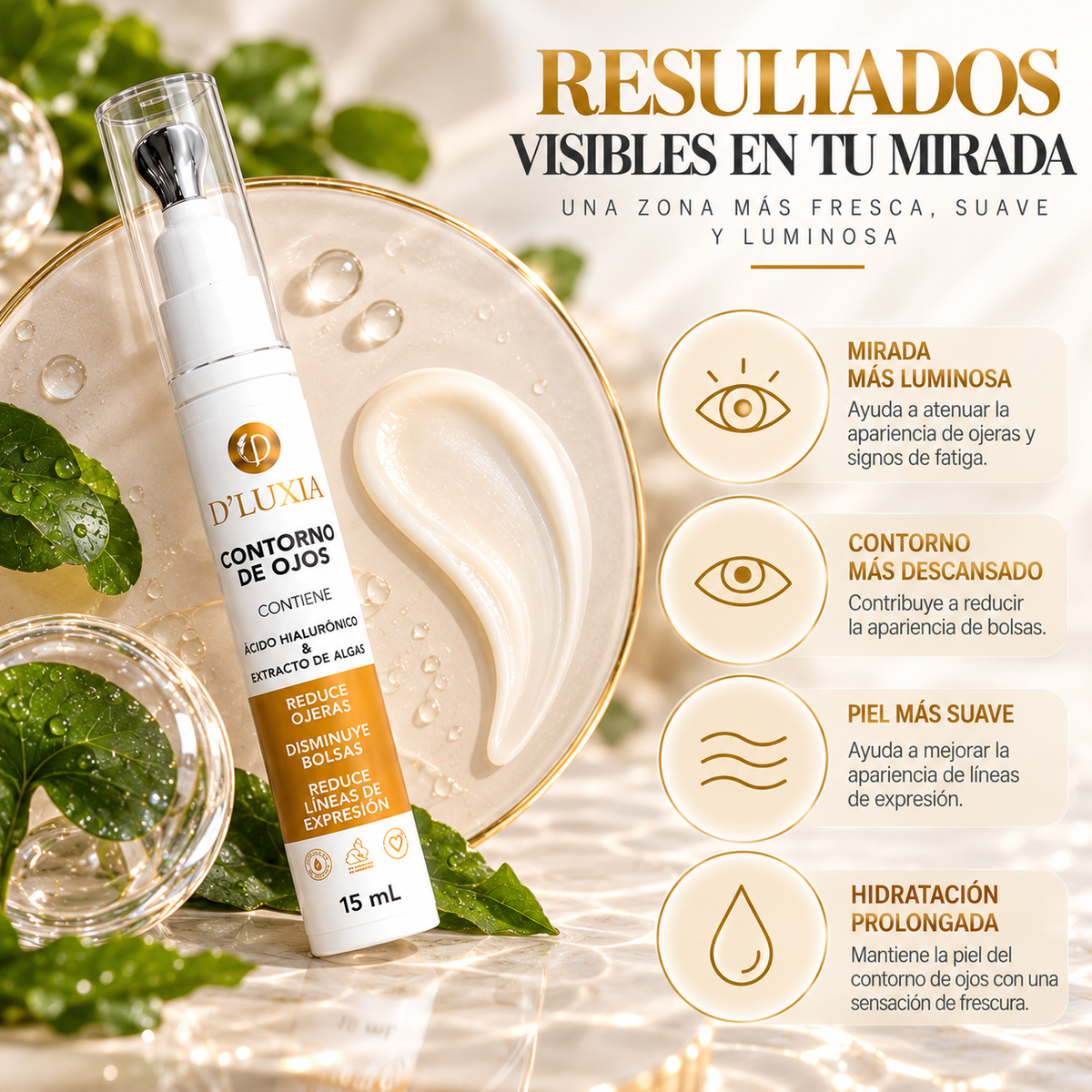 D'LUXIA, Contorno de Ojos Revitalizante Anti-Ojeras y Bolsas, Efecto Tensor e Hidratante, 15 g