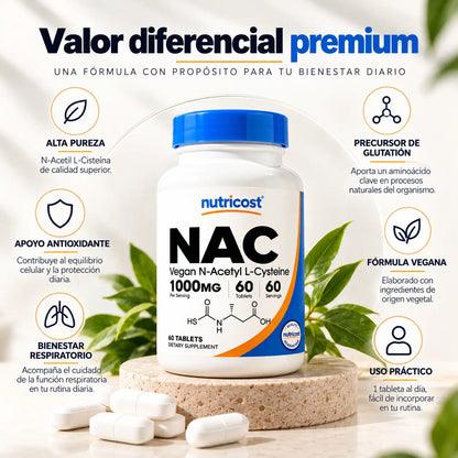Nutricost, Vegan NAC N-Acetyl L-Cysteine 1000 mg, Suplemento Alimenticio Antioxidante, 60 Tabletas