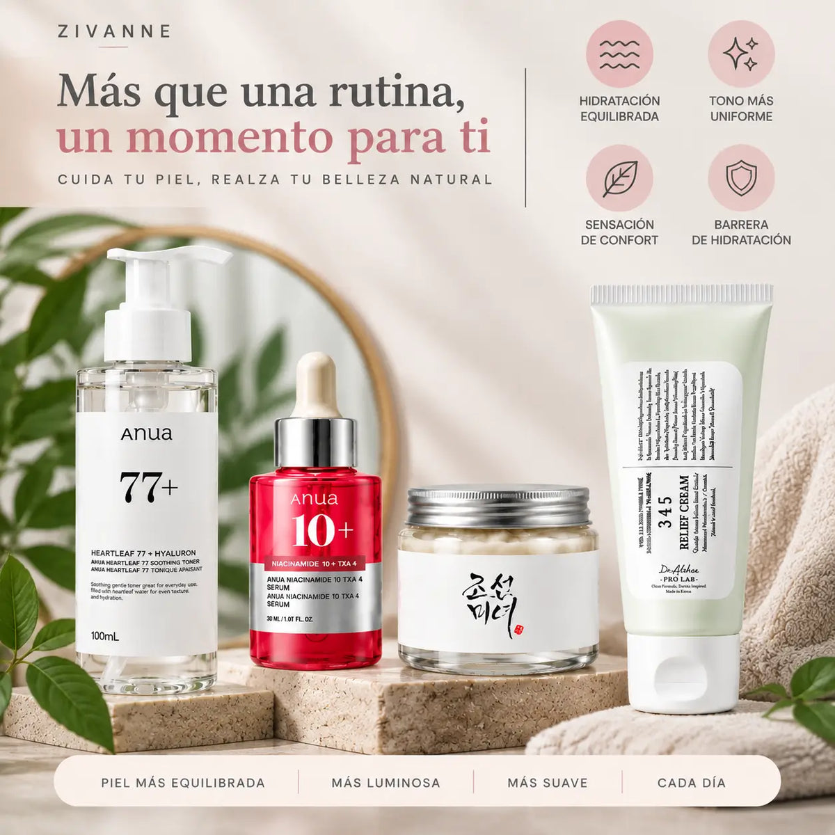Zivanne, Kit Completo Unificador y Nutrición Intensa K-Beauty, Rutina Facial de 4 Pasos, Set de 4 Piezas
