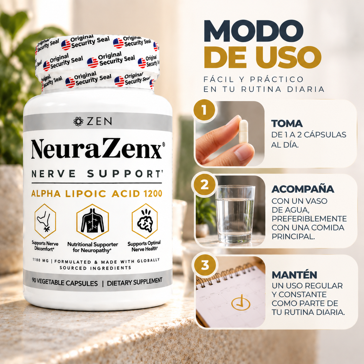 NeuraZenx, Nerve Support Alpha Lipoic Acid 1200, Suplemento Alimenticio de Apoyo Neurológico, 90 Cápsulas Vegetales