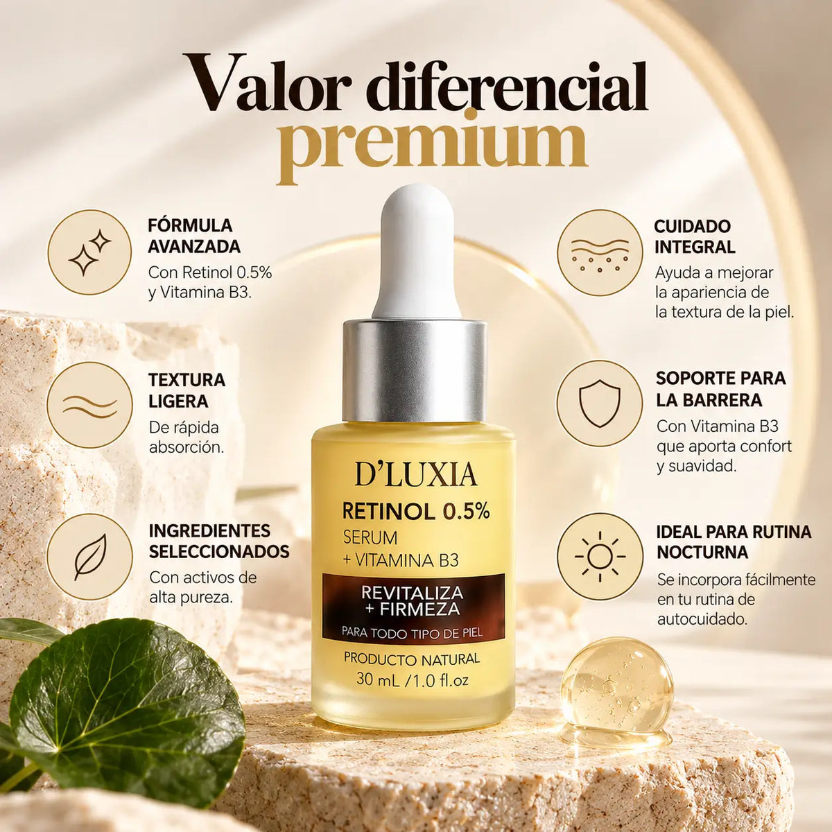 D'LUXIA, Sérum Facial de Retinol 0.5% con Vitamina B3, Renovación y Firmeza, 30 ml
