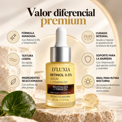 D'LUXIA, Sérum Facial de Retinol 0.5% con Vitamina B3, Renovación y Firmeza, 30 ml