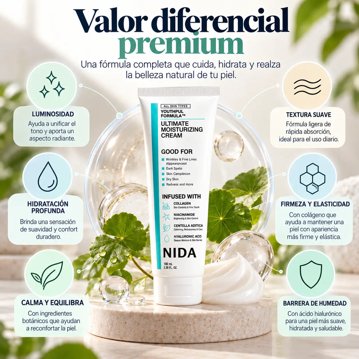 NIDA, Youthful Facial Cream, Crema Aclarante y Rejuvenecedora con Colágeno, Niacinamida y Centella Asiática, 100 ml