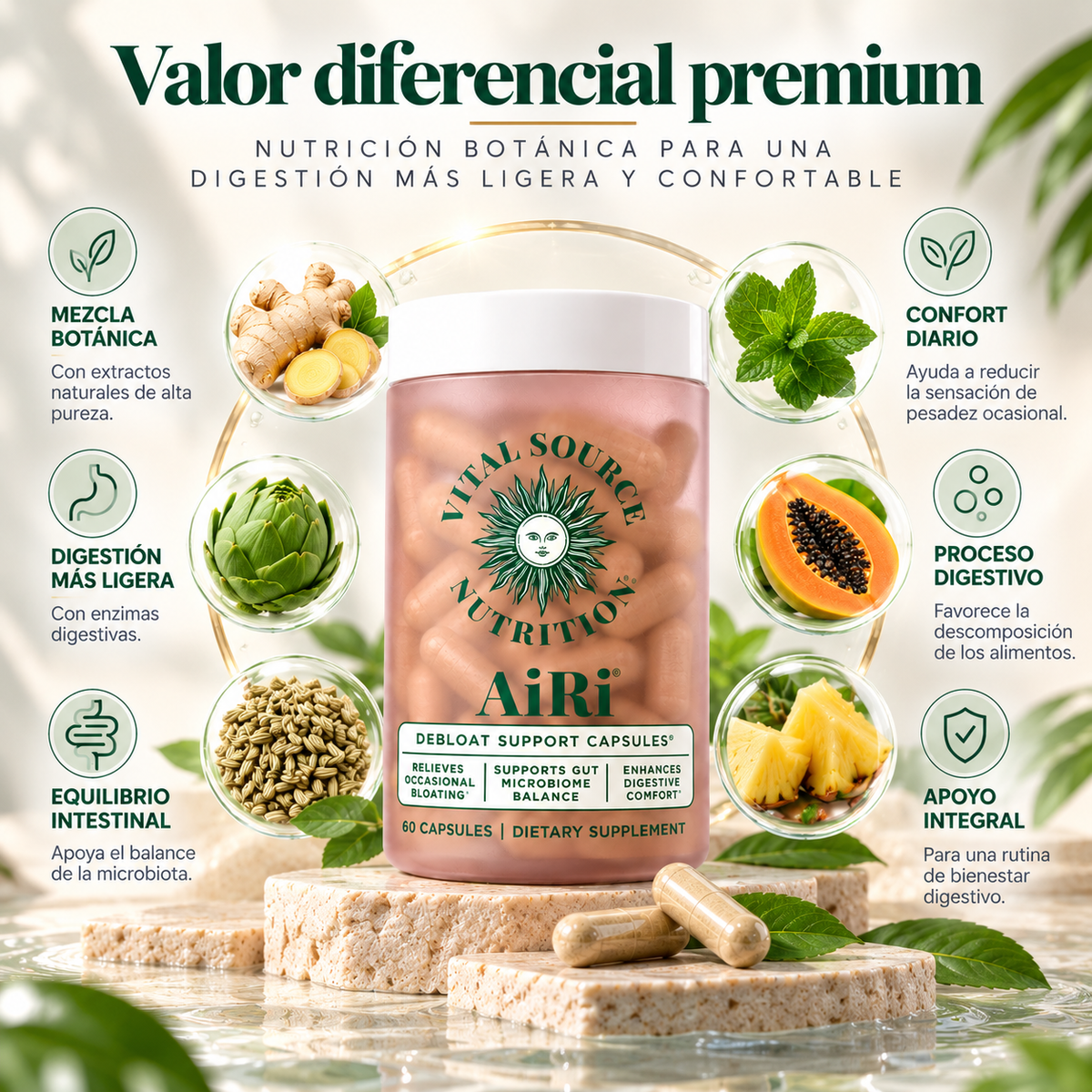 Vital Source Nutrition, AiRi Debloat Support Capsules, Suplemento Alimenticio Digestivo, 60 Cápsulas