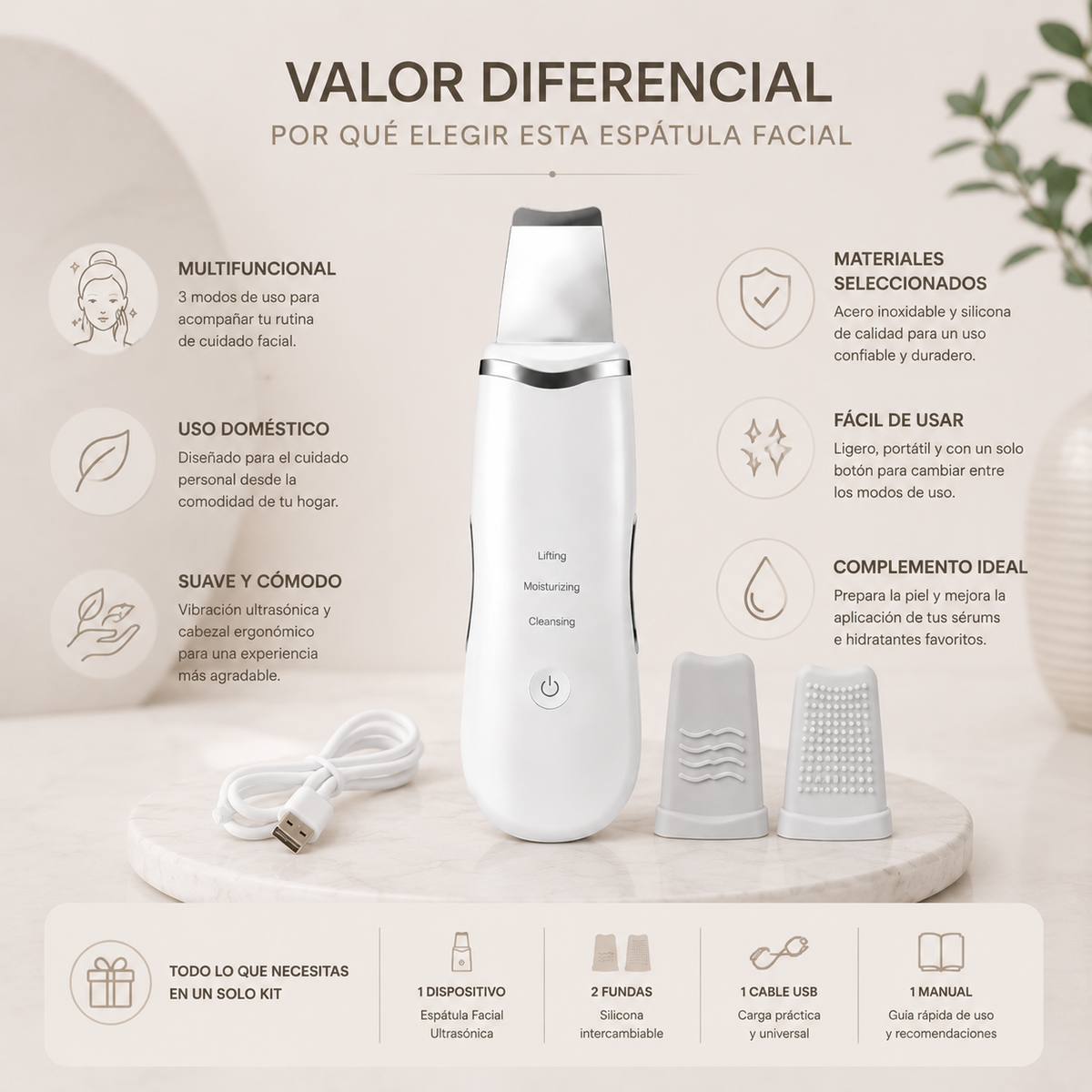 Zivanne, Espátula Facial Ultrasónica Portátil, Dispositivo Cosmético de Higiene y Masaje, 1 Unidad