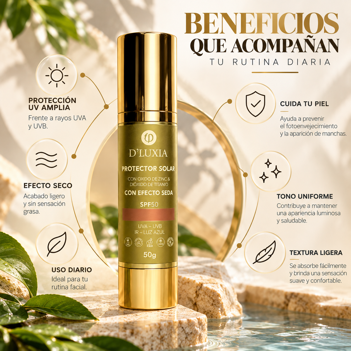 D'LUXIA, Protector Solar Facial con Efecto Seco, Alta Protección UV y Anti-Edad, 50 g