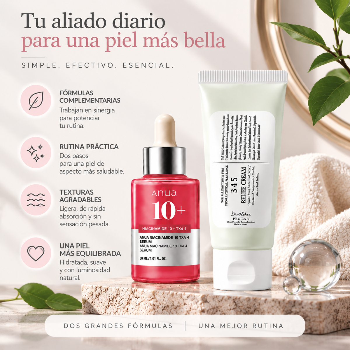 Zivanne, Kit Tono Uniforme y Barrera Calmante, Anua Niacinamide 10 TXA 4 Serum 30ml + Dr. Althea 345 Relief Cream 60ml, Set de 2 Piezas