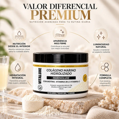 Vitaluxe, Colágeno Marino Hidrolizado Marinoluxe, Suplemento Nutricional con Biotina y Vitaminas, 250 g