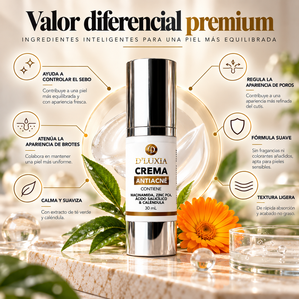 D'LUXIA, Crema Facial Anti-Acné y Control de Sebo, Niacinamida, Zinc PCA y Ácido Salicílico, 30 ml