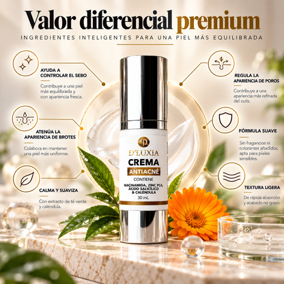 D'LUXIA, Crema Facial Anti-Acné y Control de Sebo, Niacinamida, Zinc PCA y Ácido Salicílico, 30 ml